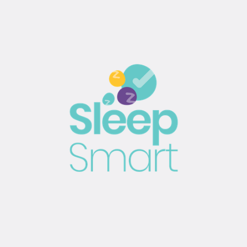 Logo for "Sleep Smart" featuring the text with icons of a checkmark and 'Z's indicating sleep, in a light blue theme.